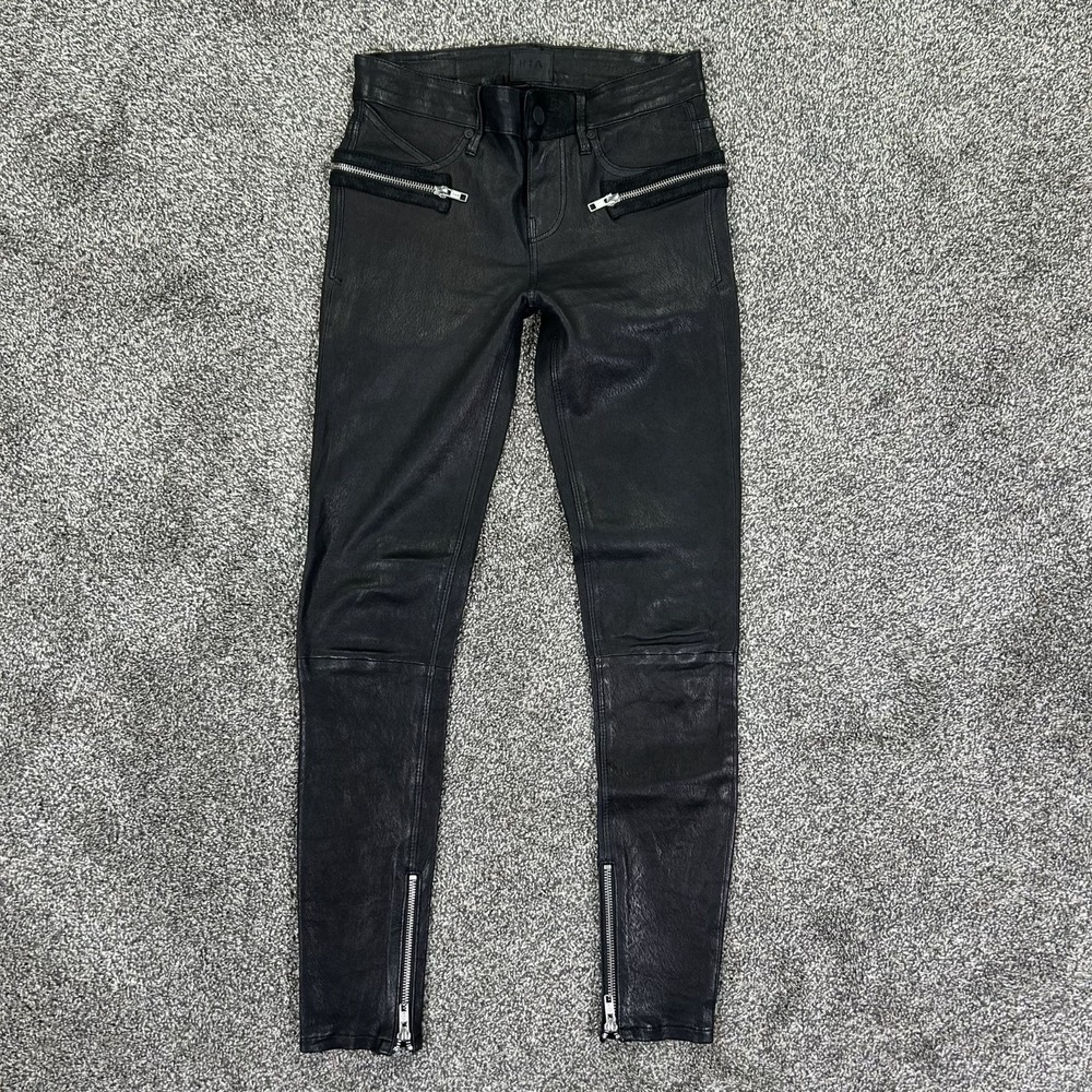 Rta Lambskin Soft Black Leather Stretch Skinny‎ Fit Ankle Zip Pants Womens 24